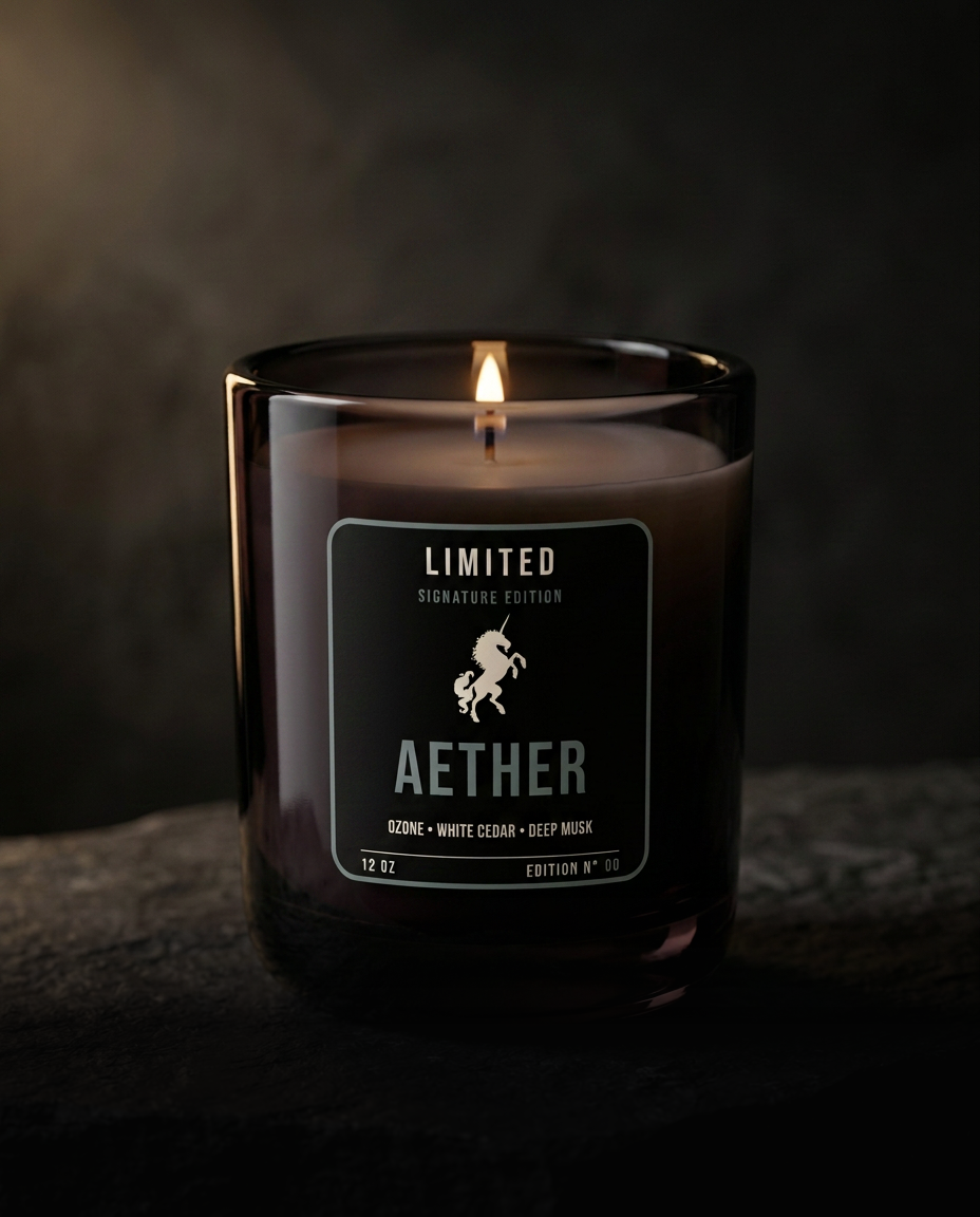 Aether signature candle by LIMITED, lit on dark stone