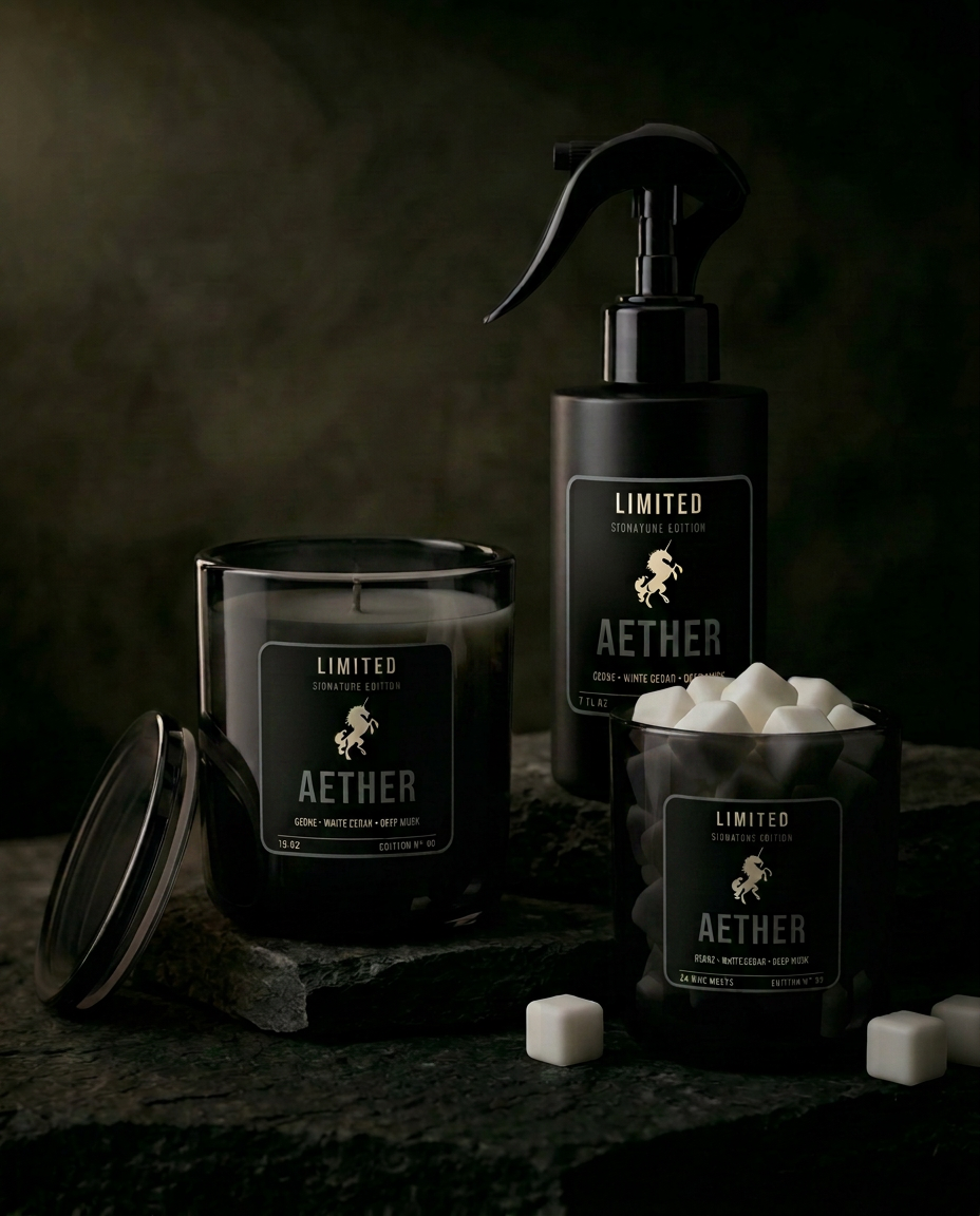 Aether candle, room spray, and wax melts together on dark stone